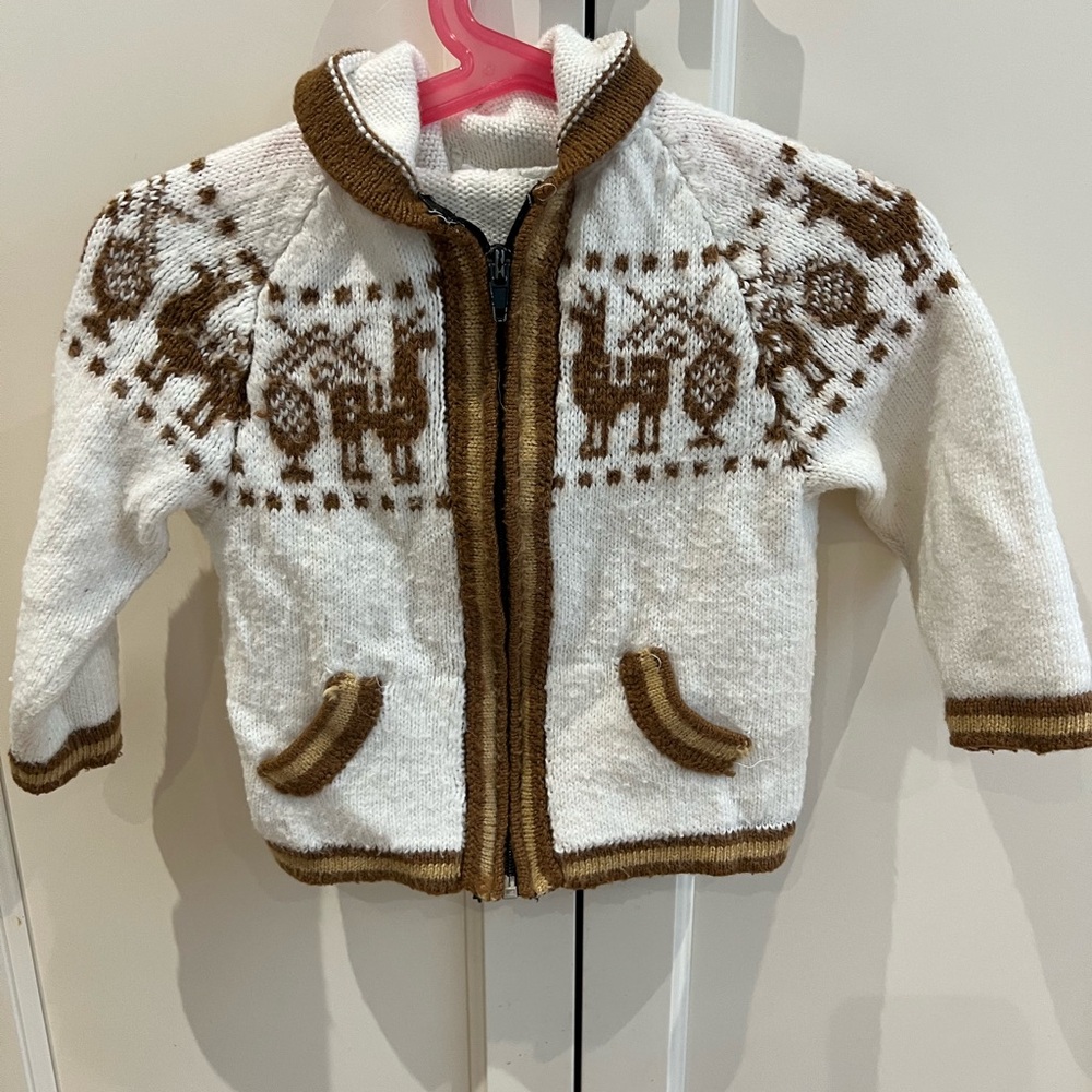 White and Brown Hand Knit Alpaca Wool Sweater 12-24m